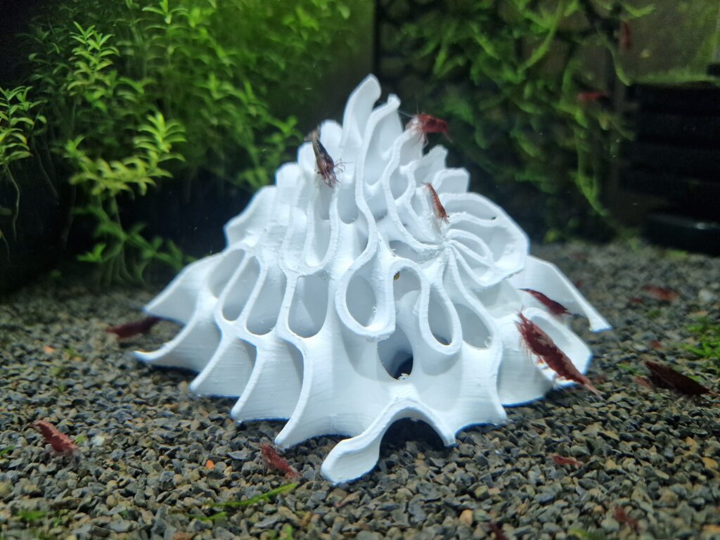 Custom designed 3D Printed Shrimp Hiding Gyroid Tube in Aquarium