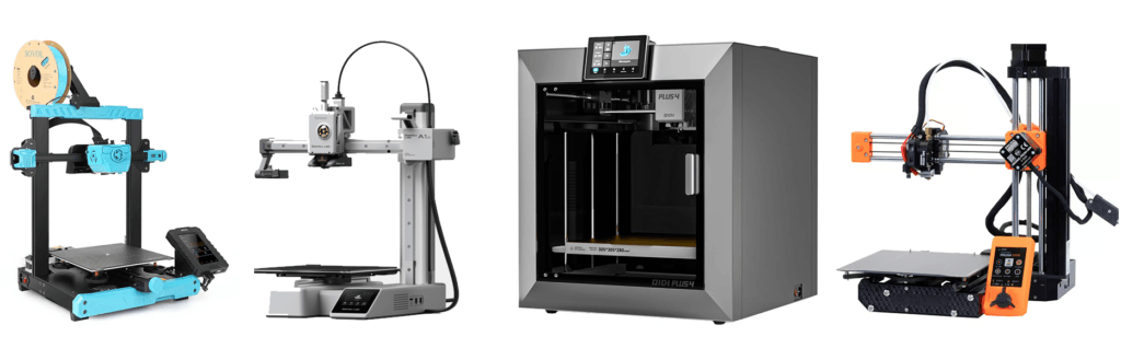 Four beginner-friendly 3D printers side by side, showcasing the best 3D printers for beginners looking for an easy to use 3D printer. Ideal for PLA PETG 3D printing, they’re featured in a comprehensive 3D printer guide for beginners.