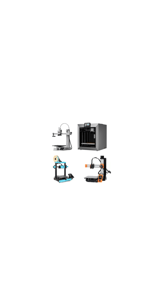 Best 3D printers for beginners. A side-by-side comparison of four 3D printers on a white background. From left to right: Sovol SV07, a black and blue open-frame 3D printer with a direct drive extruder; Bambu Lab A1 Mini, a compact white 3D printer with a multi-functional toolhead and enclosed components; QIDI Plus4, a large enclosed gray 3D printer with a touchscreen interface and a sturdy metal frame; Prusa Mini+, an orange and black open-frame 3D printer with a compact design and a vertical gantry system.