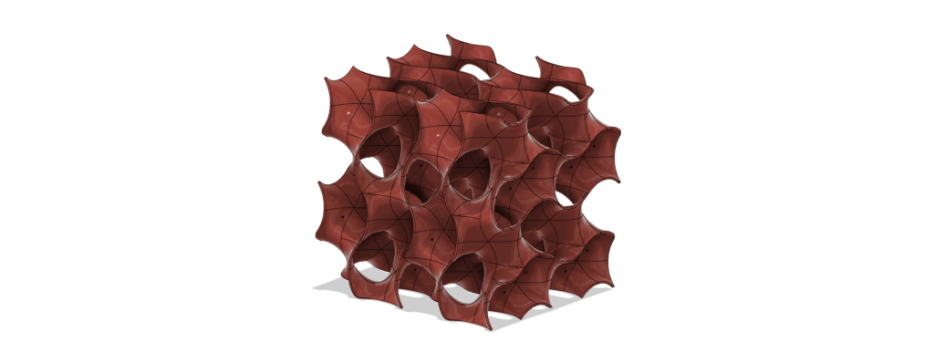 A close-up visualization of a gyroid structure in 3D modeling software, showing its complex interwoven channels and curved geometry