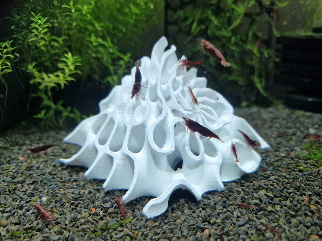 3D printed aquarium designs - a gyroid structure design shrimp cave used as an aquarium decoration and shelter.