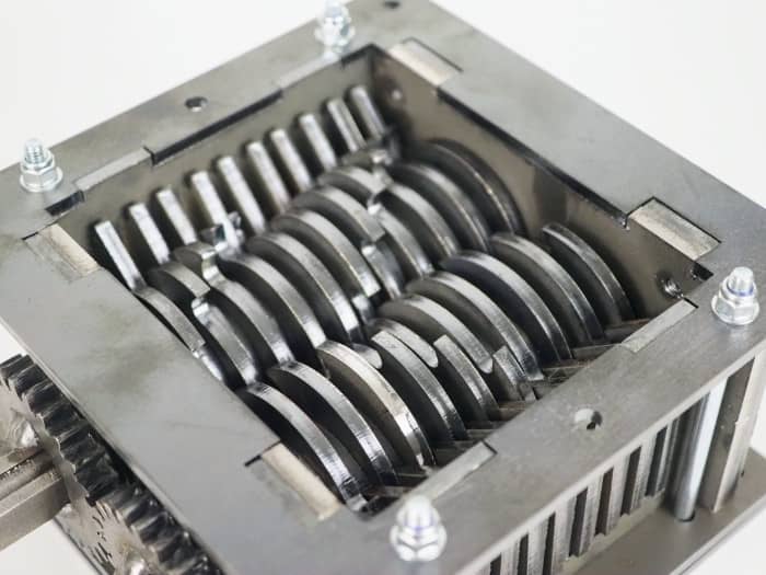 A filament recycler machine from inside - 3d print filament shredder mechanism ready to process failed prints and filament waste
