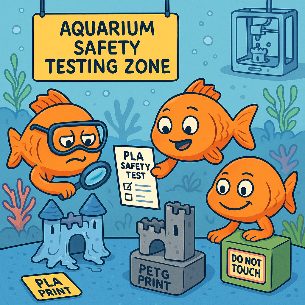 A funny cartoon style pic of goldfish testing different 3d print filaments and trying to answer the main question - is 3D printer filament food safe