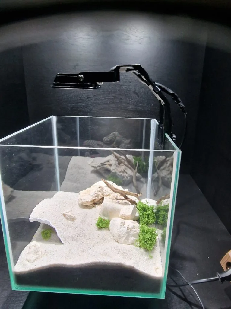 Custom 3d printable LED light holder showcased attached to a real aquarium