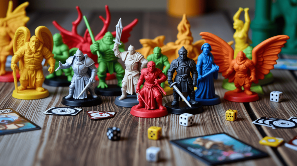 A group of small 3D-printed miniatures, including game pieces and figurines, printed with PLA filament in multiple colors