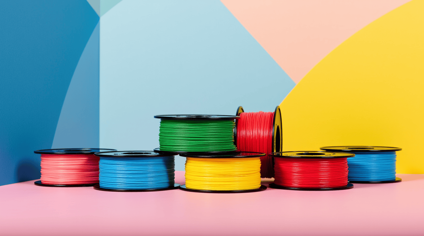 PLA Filament spools of different colors scattered randomly on a pink surface