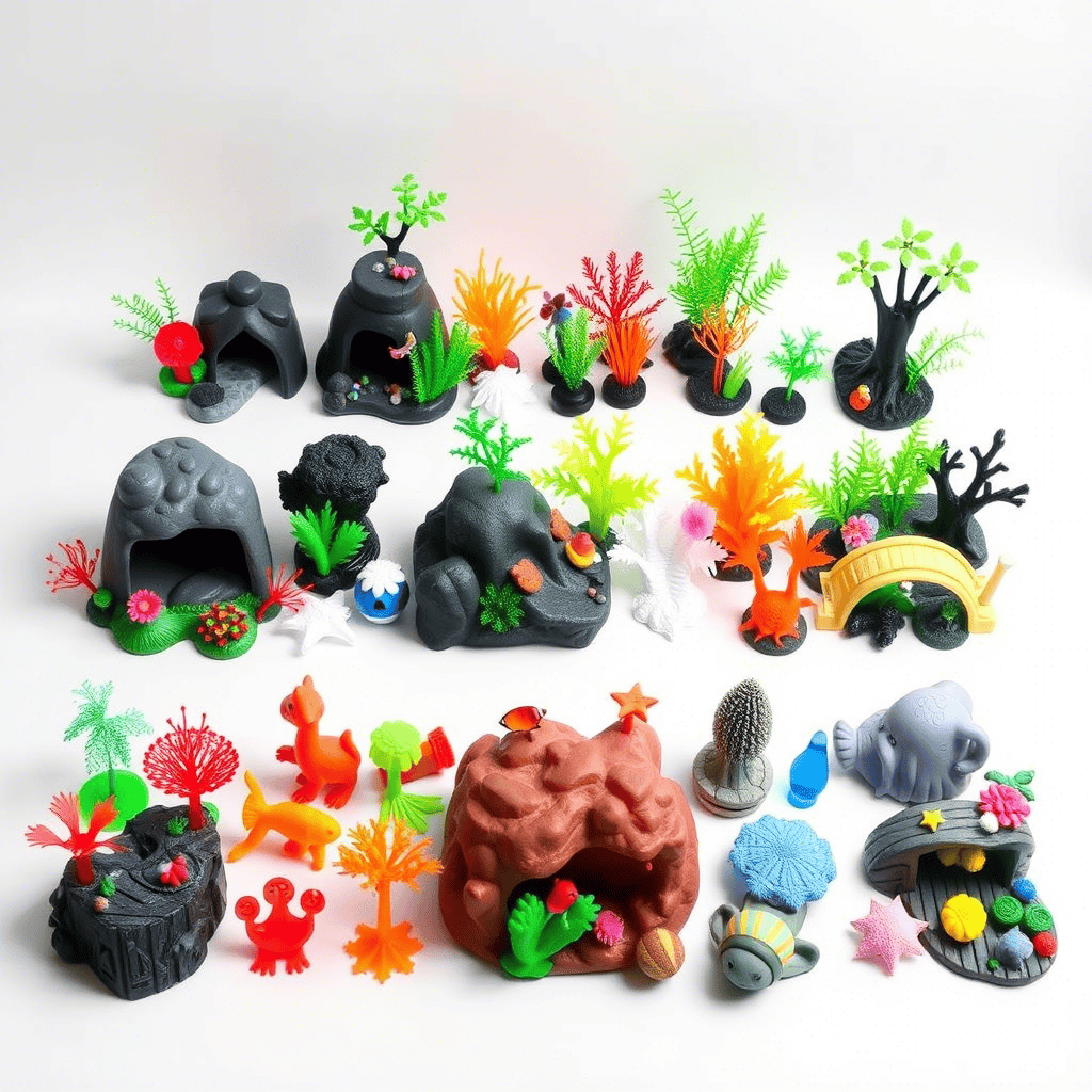 Colorful Terrarium decorations and functional parts printed from pla filament