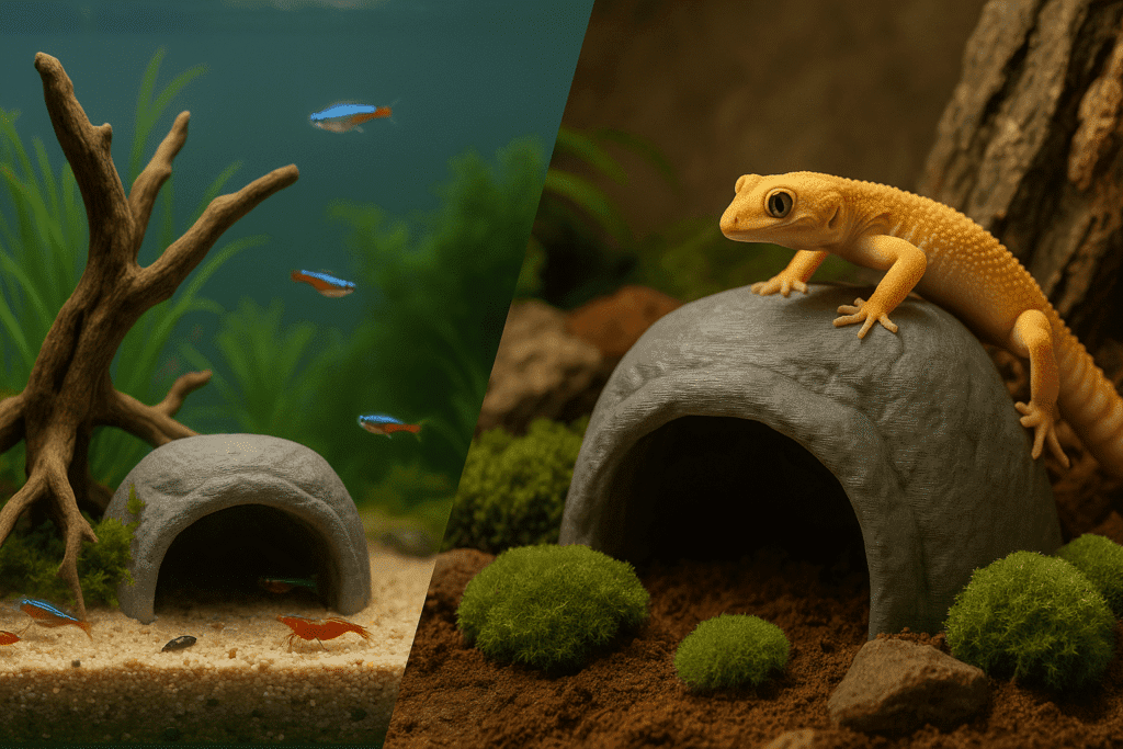 Split-screen view of 3D printed aquarium decor and 3D printed terrarium decor using the same model in different sizes for fish and reptiles.