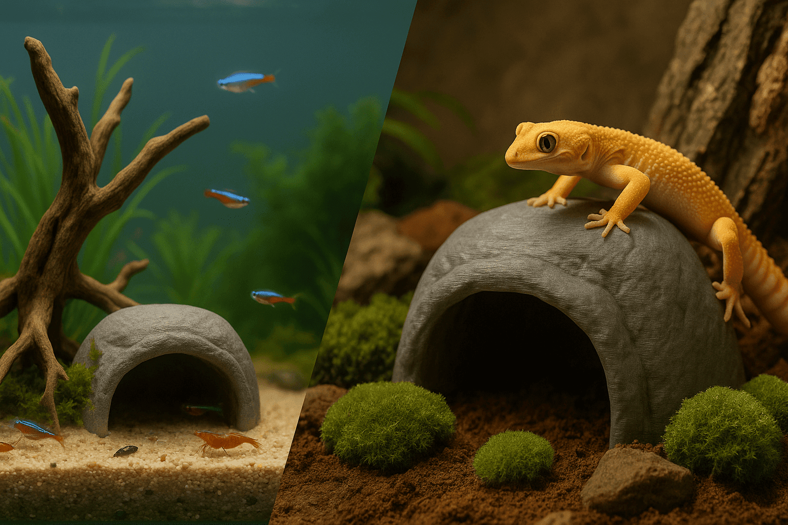 Split-screen view of 3D printed aquarium decor and 3D printed terrarium decor using the same model in different sizes for fish and reptiles.