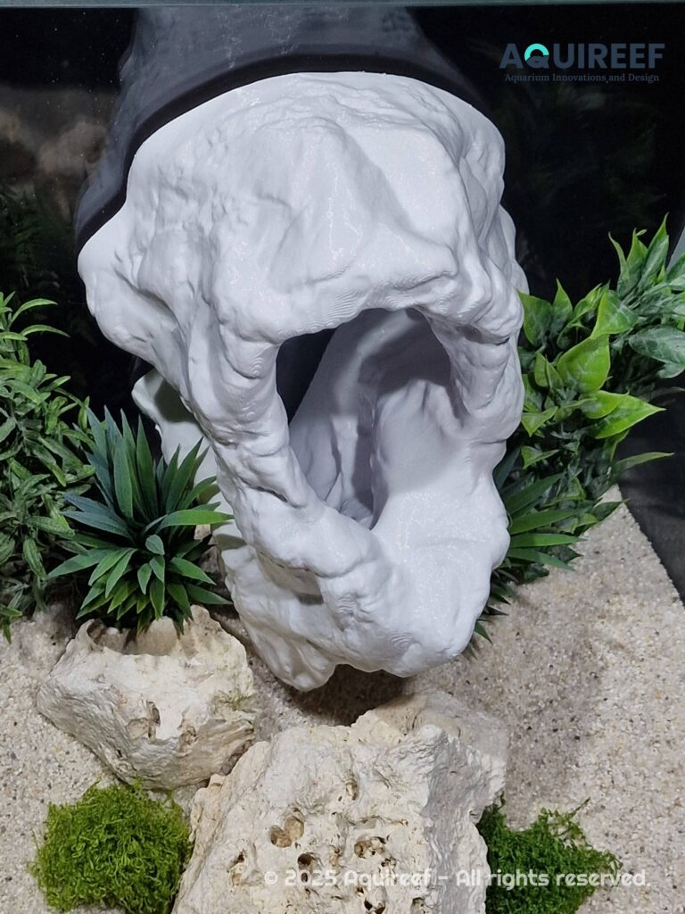 Fish tank safe 3d printed aquarium decor as floating rock caves with an observation window from the front and back, designed by Aquireef3D