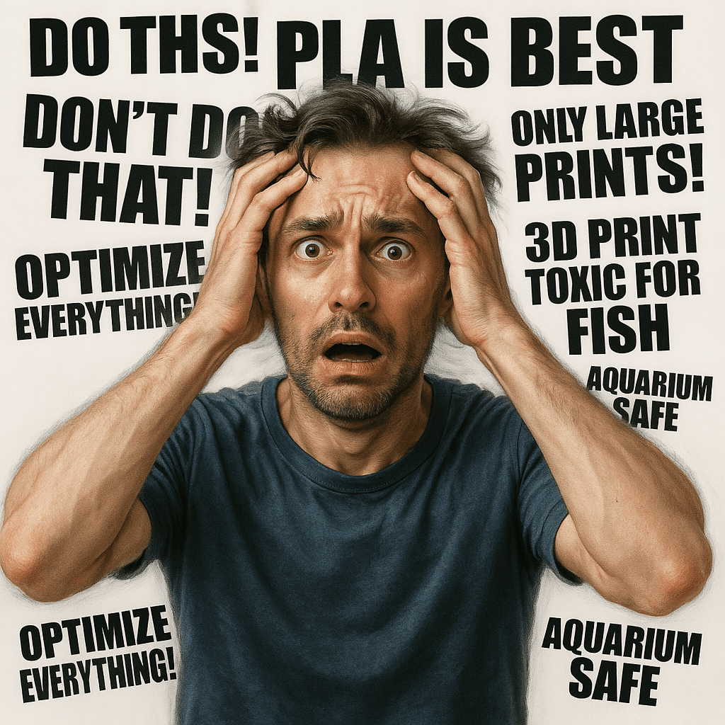 A shocked man clutching his head, overwhelmed by bold, chaotic 3D printing phrases behind him. Created by Aquireef3D.