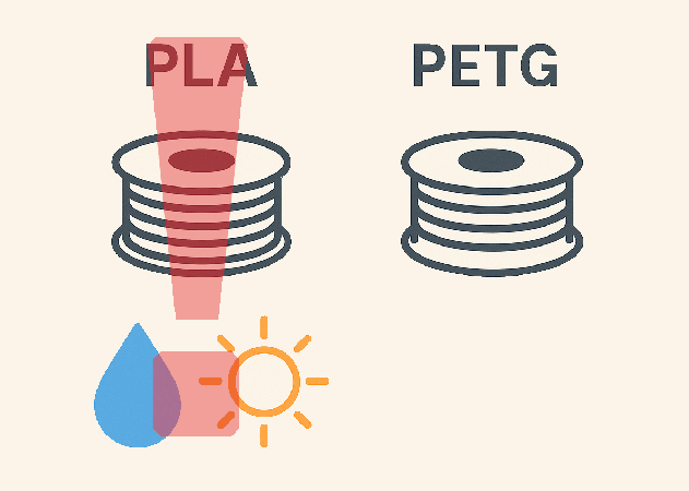 PLA and PETG infographic icon showcasing PLA water and UV weakness