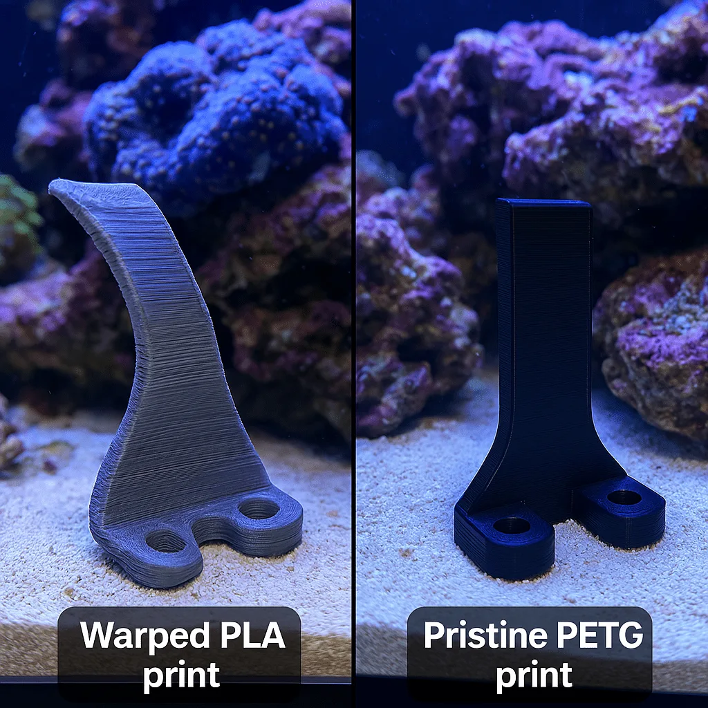 Failed PLA part and functional PETG part in saltwater aquarium 3d print test
