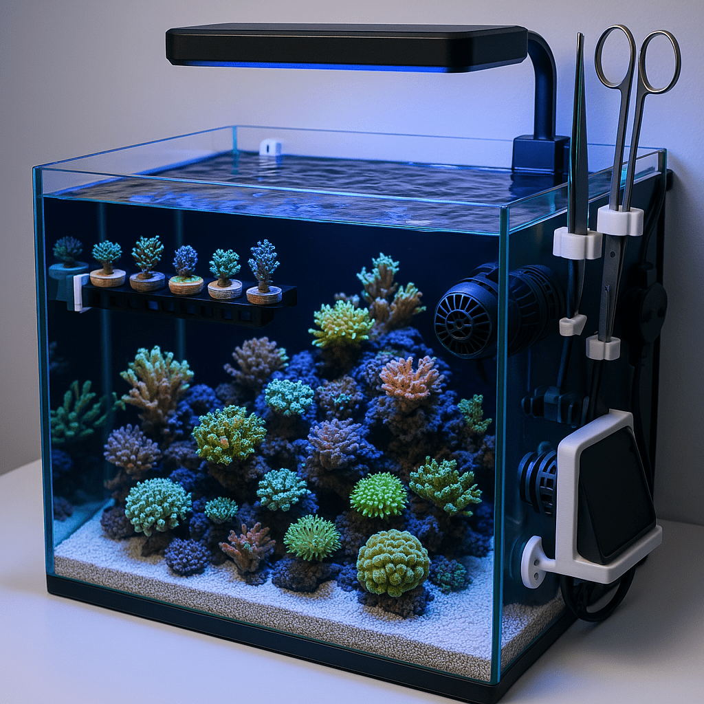 3d printed aquarium accessories made from PETG in a saltwater reef tank