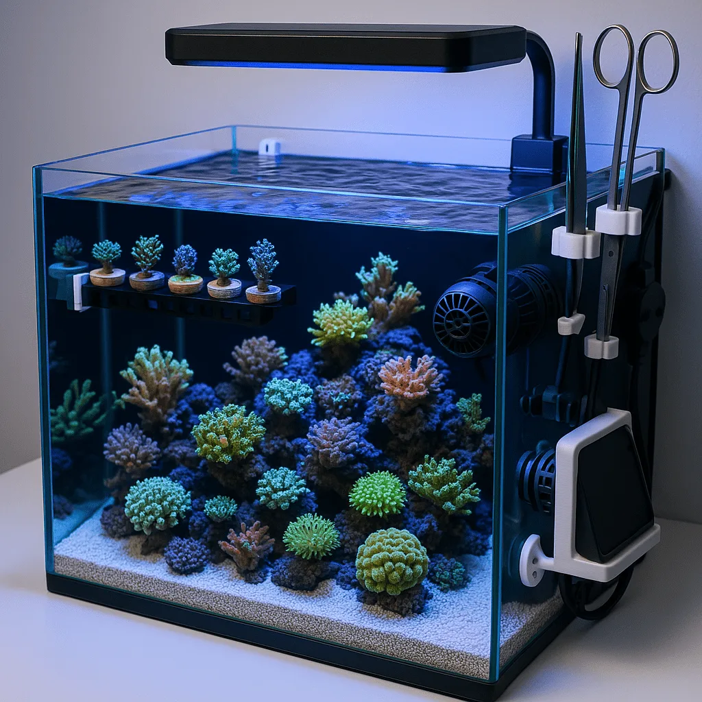3d printed aquarium accessories made from PETG in a saltwater reef tank