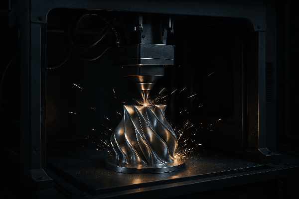 3D printer printing a shiny metallic object, sparks visible.