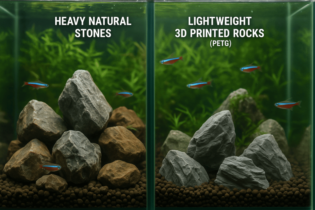 Real rocks vs. 3D printed rocks in an aquarium setup showing visual similarity and design flexibility.