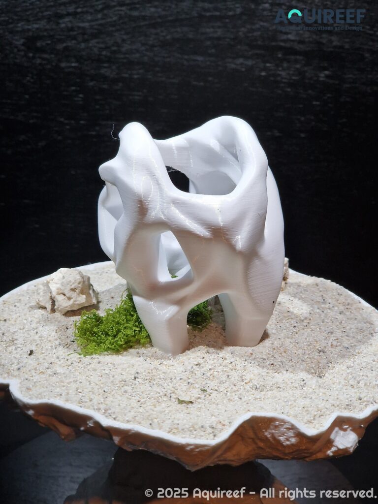 A cichlid unique design cave showcased on sand soil. Smooth edges safeguard the fish swimming through it. A design by AquireefęD