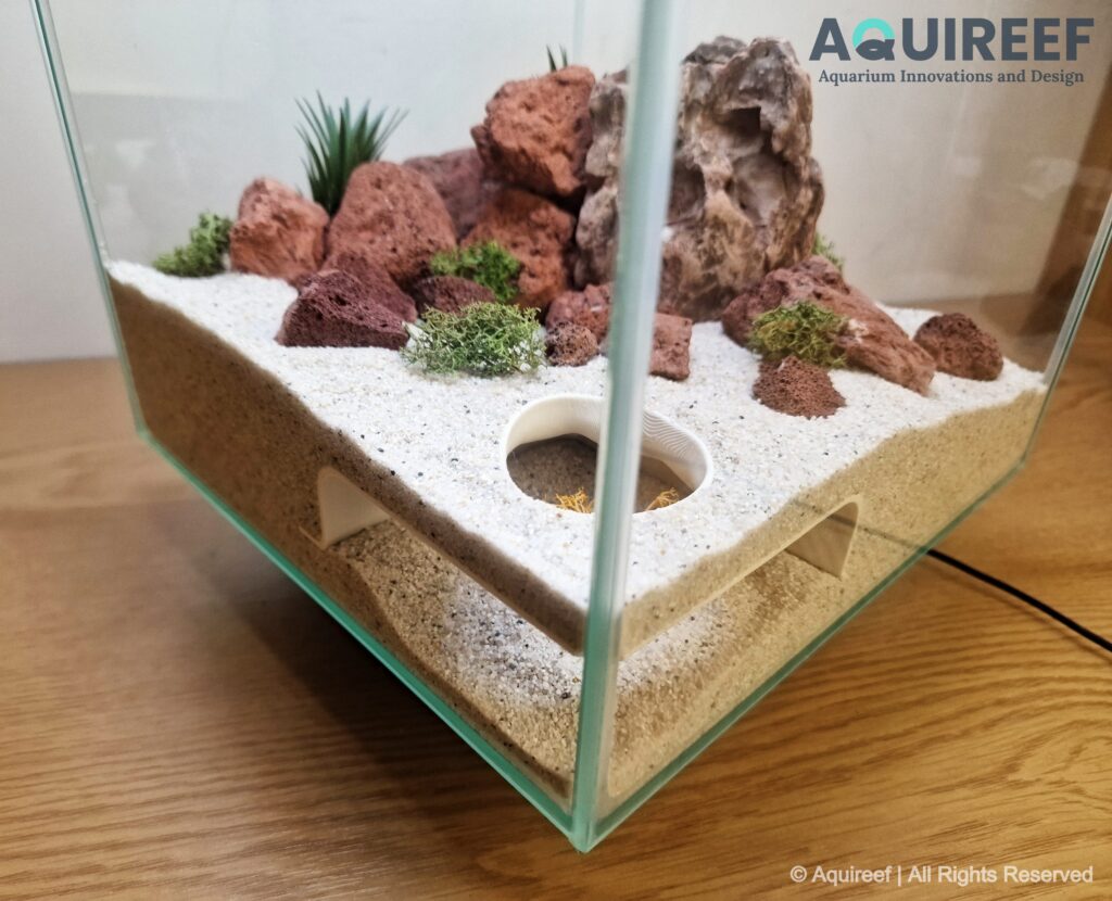 Top to bottom view on the volcanic corner cave designed for cichlids and similar fish species by Aquireef3D.