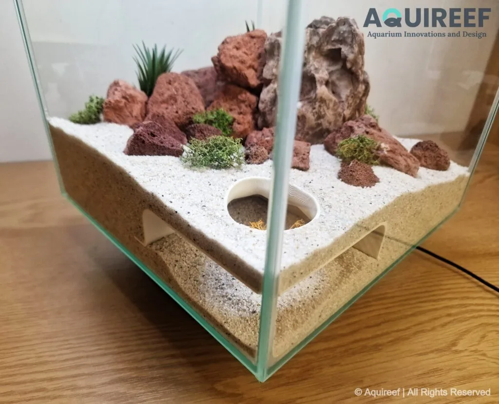 Top to bottom view on the volcanic corner cave designed for cichlids and similar fish species by Aquireef3D.