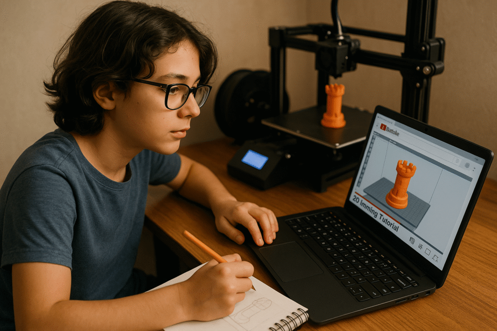 Starting a 3d print career by mastering 3d modeling software - a AI generated image of a young boy learning 3d printing using free youtube tutorials