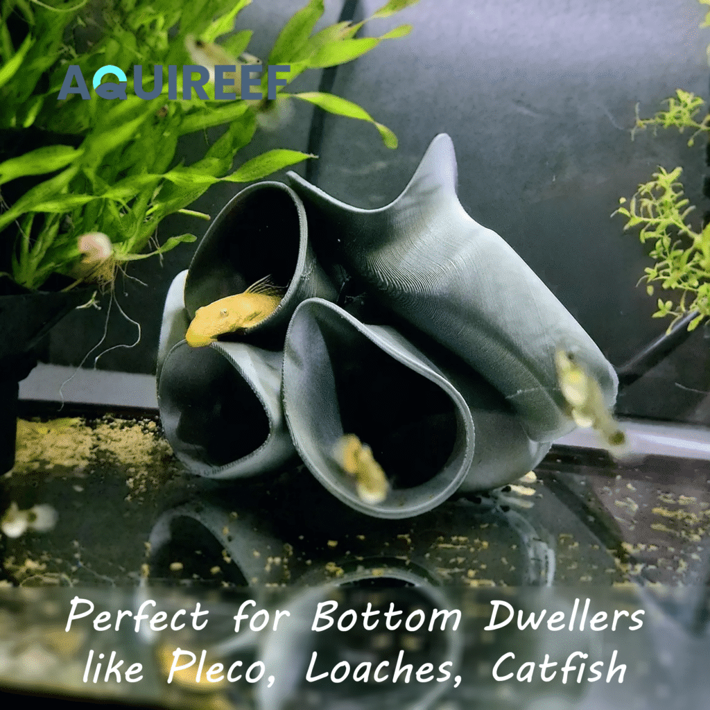 pleco cave in aquarium setup, pleco hotel made with 3d printing for bottom dwelling fish