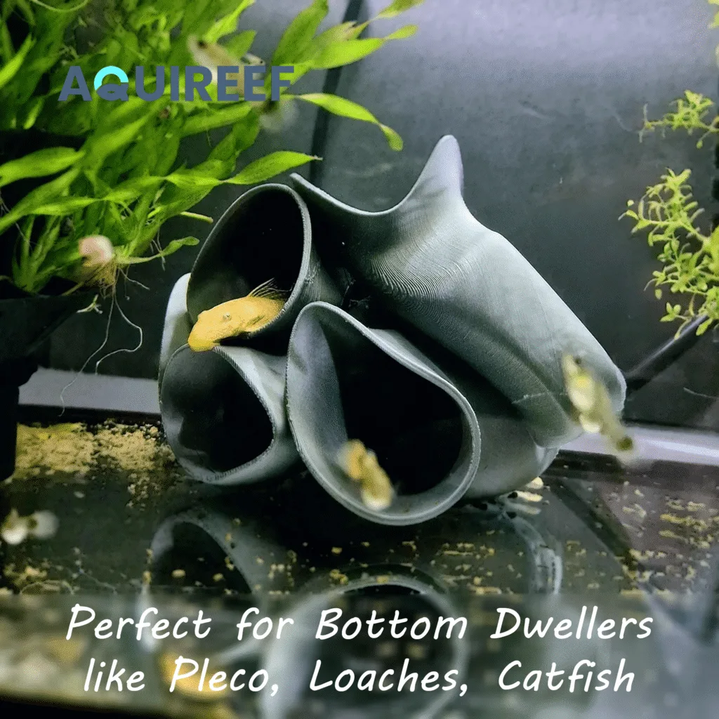 pleco cave in aquarium setup, pleco hotel made with 3d printing for bottom dwelling fish
