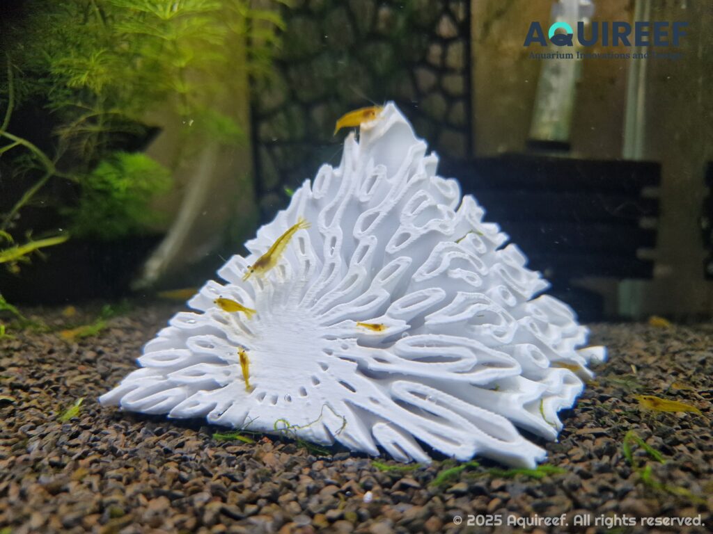 A gyroid shrimp pyramid cave in shrimp tank. A design and 3d print by Aquireef3D.
