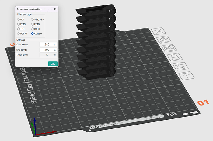 PETG temperature tower on orca slicer