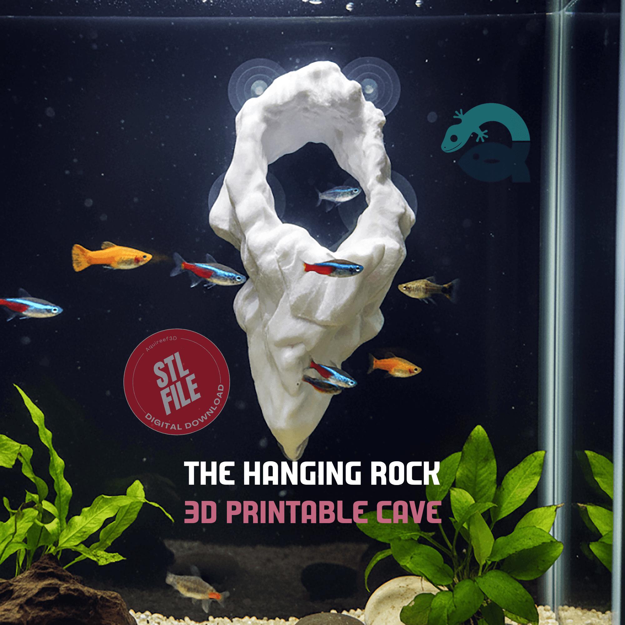 Hanging Rock Cave for Aquariums & Terrariums - 2 Sizes, a Unique Critter Hide Zone, Hanging Cave for Tanks and Aquascaping | Hanging Rock 3D Printable STL File