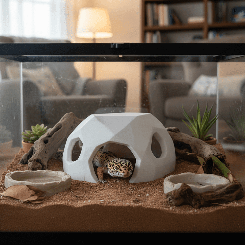 3d printed reptile hides showcased with a leopard gecko inside