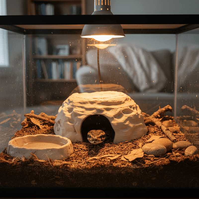 A snake peeking out of a 3d printed terrarium hide used as terrarium decor and shelter